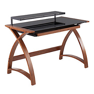 Get organized with this sleek and stylish office desk. The tempered glass workspace and bentwood profile is a cut above. Whether it's supporting a computer monitor or writing accessories, the shelving unit and extra wide drawer will keep your workspace clutter-free allowing you to work with ease.Made of birch wood and glass | Tempered glass top | Bentwood frame | Single pull-out drawer | Built-in hutch | Assembly required