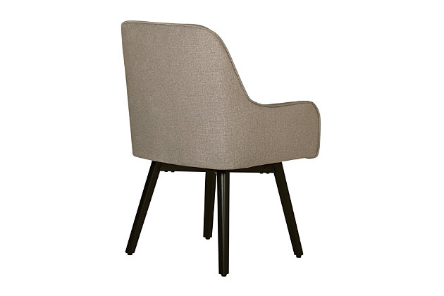 Combining simple lines with handsome upholstery, this chair is a stylish seating option for the office, dining room or as a guest chair. The sculpted back and retro silhouette is updated with a full 360 degree swivel seat. Metal legs ensure that the chair will not loosen or break over time. Plus, the firm back and seat provide support for years of use.Made of metal, foam and polyester | Beige upholstery | Legs with black finish and plastic floor glides | Smooth 360 degree swivel | 250-pound weight capacity | Imported | Assembly required