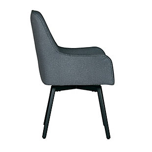 Combining simple lines with handsome upholstery, this chair is a stylish seating option for the office, dining room or as a guest chair. The sculpted back and retro silhouette is updated with a full 360 degree swivel seat. Metal legs ensure that the chair will not loosen or break over time. Plus, the firm back and seat provide support for years of use.Made of metal, foam and polyester | Dark gray upholstery | Legs with black finish and plastic floor glides | Smooth 360 degree swivel | 250-pound weight capacity | Imported | Assembly required