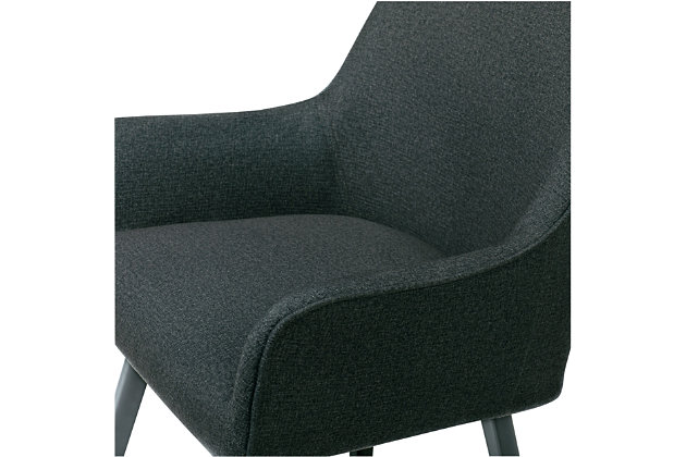 Combining simple lines with handsome upholstery, this chair is a stylish seating option for the office, dining room or as a guest chair. The sculpted back and retro silhouette is updated with a full 360 degree swivel seat. Metal legs ensure that the chair will not loosen or break over time. Plus, the firm back and seat provide support for years of use.Made of metal, foam and polyester | Dark gray upholstery | Legs with black finish and plastic floor glides | Smooth 360 degree swivel | 250-pound weight capacity | Imported | Assembly required
