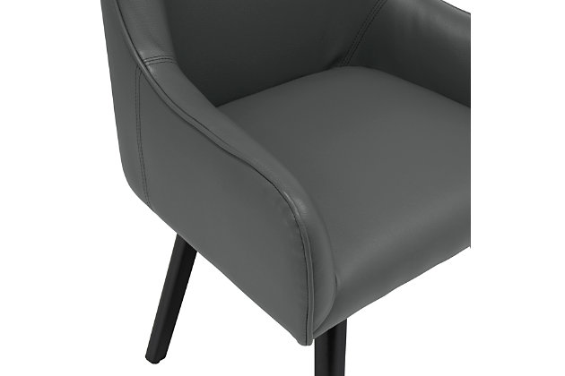 Combining simple lines with handsome upholstery, this chair is a stylish seating option for the office, dining room or as a guest chair. The sculpted back and retro silhouette is updated with a full 360 degree swivel seat. Metal legs ensure that the chair will not loosen or break over time. Plus, the firm back and seat provide support for years of use.Made of metal, foam and faux leather | Dark gray upholstery | Legs with black finish and plastic floor glides | Smooth 360 degree swivel | 250-pound weight capacity | Imported | Assembly required