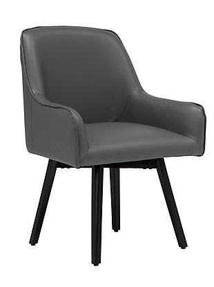 Combining simple lines with handsome upholstery, this chair is a stylish seating option for the office, dining room or as a guest chair. The sculpted back and retro silhouette is updated with a full 360 degree swivel seat. Metal legs ensure that the chair will not loosen or break over time. Plus, the firm back and seat provide support for years of use.Made of metal, foam and faux leather | Dark gray upholstery | Legs with black finish and plastic floor glides | Smooth 360 degree swivel | 250-pound weight capacity | Imported | Assembly required