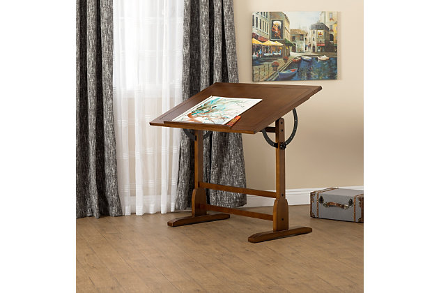 Sketch fun characters or design beautiful architecture on this drafting table. The adjustable tabletop allows you to achieve your desired drawing angle, while the convenient pencil groove secures your writing instruments. Boasting an antiqued rustic oak finish, this wooden drafting table blends nicely with your vintage or traditional decor style.Made of solid wood | Rustic oak finish | Adjustable angles | 25-pound weight capacity | Pencil ledge | Imported | Assembly required
