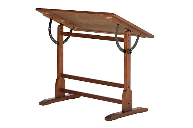 Sketch fun characters or design beautiful architecture on this drafting table. The adjustable tabletop allows you to achieve your desired drawing angle, while the convenient pencil groove secures your writing instruments. Boasting an antiqued rustic oak finish, this wooden drafting table blends nicely with your vintage or traditional decor style.Made of solid wood | Rustic oak finish | Adjustable angles | 25-pound weight capacity | Pencil ledge | Imported | Assembly required