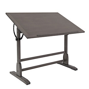 Sketch fun characters or design beautiful architecture on this drafting table. The adjustable tabletop allows you to achieve your desired drawing angle, while the convenient pencil groove secures your writing instruments. Boasting an antiqued slate gray finish, this wooden drafting table blends nicely with your vintage or traditional decor style.Made of solid wood | Slate gray finish | Adjustable angles | 25-pound weight capacity | Pencil ledge | Imported | Assembly required