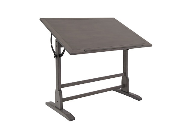 Sketch fun characters or design beautiful architecture on this drafting table. The adjustable tabletop allows you to achieve your desired drawing angle, while the convenient pencil groove secures your writing instruments. Boasting an antiqued slate gray finish, this wooden drafting table blends nicely with your vintage or traditional decor style.Made of solid wood | Slate gray finish | Adjustable angles | 25-pound weight capacity | Pencil ledge | Imported | Assembly required
