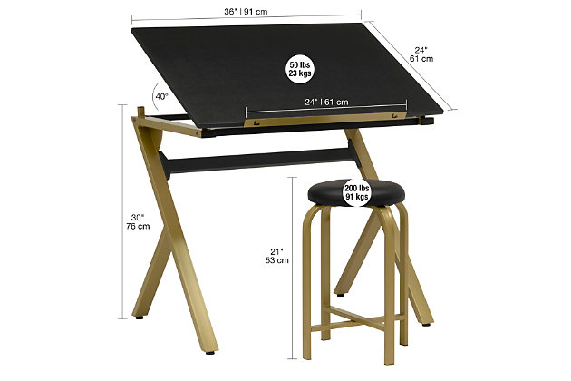 This wide drawing table with padded stool set is a simple, modern design and offers an affordable solution for those new artists looking for an art studio workstation. Like other drafting tables, the top adjusts from flat to a forty-degree angle to alleviate neck pain. The twenty-four inch wide pencil ledge keeps your pencils and markers from falling while the tabletop is tilted and the durable black desktop offers plenty of space for your projects. The attractive goldtone powdercoat steel frame is unique and offers a stylish option for your home and the stool fits under the table making it perfect for small spaces. This simple table can easily be upgraded by adding an art supply storage tray or a clamp lamp. Keep it simple, or customize it, either way, this drafting table and chair set provide a stylish option for your artistic needs.Made of metal and decorative laminate | Frame with goldtone powdercoat finish | Desktop with black finish; 50-pound weight capacity | Stool with black padded seat and goldtone metal frame; 200-pound weight capacity | Rear stability bar | Floor levelers | Imported | Assembly required