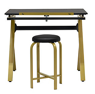 This wide drawing table with padded stool set is a simple, modern design and offers an affordable solution for those new artists looking for an art studio workstation. Like other drafting tables, the top adjusts from flat to a forty-degree angle to alleviate neck pain. The twenty-four inch wide pencil ledge keeps your pencils and markers from falling while the tabletop is tilted and the durable black desktop offers plenty of space for your projects. The attractive goldtone powdercoat steel frame is unique and offers a stylish option for your home and the stool fits under the table making it perfect for small spaces. This simple table can easily be upgraded by adding an art supply storage tray or a clamp lamp. Keep it simple, or customize it, either way, this drafting table and chair set provide a stylish option for your artistic needs.Made of metal and decorative laminate | Frame with goldtone powdercoat finish | Desktop with black finish; 50-pound weight capacity | Stool with black padded seat and goldtone metal frame; 200-pound weight capacity | Rear stability bar | Floor levelers | Imported | Assembly required