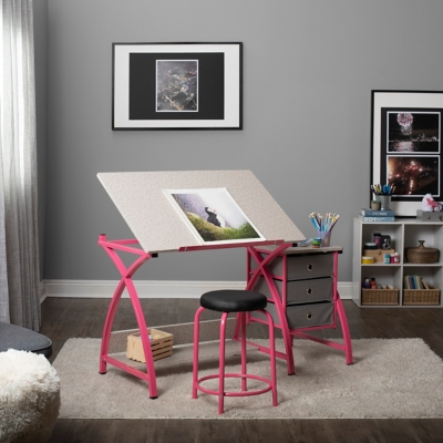 Studio Designs Comet Center Plus Drawing Desk with Padded Stool, Pink/Spatter Gray, large