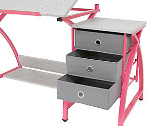This work center with matching stool provides a comfortable workspace and keeps your craft and art supplies easily accessible. The tabletop's angle adjusts up to forty degrees and includes a twenty-four inch pencil ledge that slides up and locks into place when needed. The set also features three adjacent storage drawers, a wide shelf under the tabletop and a padded stool. Plus, the durable heavy gauge steel construction includes six floor levelers for stability.Made of metal, engineered wood and PVC | Pink and gray | Desktop with adjustable height | Pencil ledge | 3 storage drawers | Stool with padded seat | Open bottom shelf | 6 floor levelers  | Imported | Assembly required
