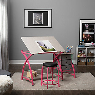 Studio Designs Comet Center Plus Drawing Desk with Padded Stool, Pink/Spatter Gray, rollover