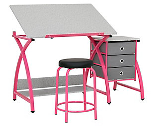 Studio Designs Comet Center Plus Drawing Desk with Padded Stool, Pink/Spatter Gray, large