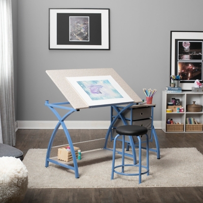 Studio Designs Comet Center Plus Drawing Desk with Padded Stool, Blue/Spatter Gray, large