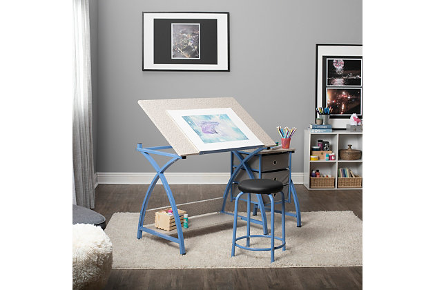 This work center with matching stool provides a comfortable workspace and keeps your craft and art supplies easily accessible. The tabletop's angle adjusts up to forty degrees and includes a twenty-four inch pencil ledge that slides up and locks into place when needed. The set also features three adjacent storage drawers, a wide shelf under the tabletop and a padded stool. Plus, the durable heavy gauge steel construction includes six floor levelers for stability.Made of metal, engineered wood and PVC | Blue and gray | Desktop with adjustable height | Pencil ledge | 3 storage drawers | Stool with padded seat | Open bottom shelf | 6 floor levelers  | Imported | Assembly required