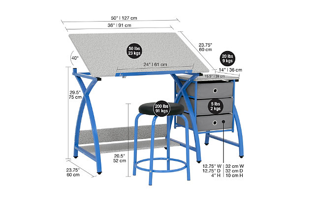 This work center with matching stool provides a comfortable workspace and keeps your craft and art supplies easily accessible. The tabletop's angle adjusts up to forty degrees and includes a twenty-four inch pencil ledge that slides up and locks into place when needed. The set also features three adjacent storage drawers, a wide shelf under the tabletop and a padded stool. Plus, the durable heavy gauge steel construction includes six floor levelers for stability.Made of metal, engineered wood and PVC | Blue and gray | Desktop with adjustable height | Pencil ledge | 3 storage drawers | Stool with padded seat | Open bottom shelf | 6 floor levelers  | Imported | Assembly required
