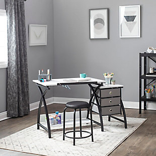 This work center with matching stool provides a comfortable workspace and keeps your craft and art supplies easily accessible. The tabletop's angle adjusts up to forty degrees and includes a twenty-four inch pencil ledge that slides up and locks into place when needed. The set also features three adjacent storage drawers, a wide shelf under the tabletop and a padded stool. Plus, the durable heavy gauge steel construction includes six floor levelers for stability.Made of metal, engineered wood and PVC | Black and white | Desktop with adjustable height | Pencil ledge | 3 storage drawers | Stool with padded seat | Open bottom shelf | 6 floor levelers  | Imported | Assembly required