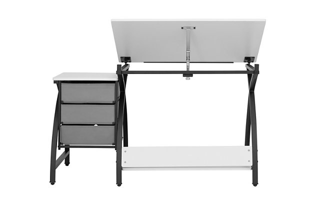This work center with matching stool provides a comfortable workspace and keeps your craft and art supplies easily accessible. The tabletop's angle adjusts up to forty degrees and includes a twenty-four inch pencil ledge that slides up and locks into place when needed. The set also features three adjacent storage drawers, a wide shelf under the tabletop and a padded stool. Plus, the durable heavy gauge steel construction includes six floor levelers for stability.Made of metal, engineered wood and PVC | Black and white | Desktop with adjustable height | Pencil ledge | 3 storage drawers | Stool with padded seat | Open bottom shelf | 6 floor levelers  | Imported | Assembly required