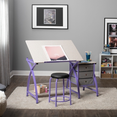 Studio Designs Comet Center Plus Drawing Desk with Padded Stool, Purple/Spatter Gray, large