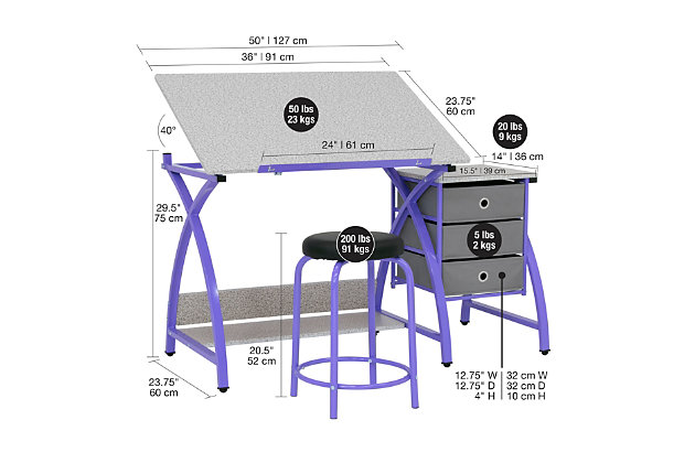This work center with matching stool provides a comfortable workspace and keeps your craft and art supplies easily accessible. The tabletop's angle adjusts up to forty degrees and includes a twenty-four inch pencil ledge that slides up and locks into place when needed. The set also features three adjacent storage drawers, a wide shelf under the tabletop and a padded stool. Plus, the durable heavy gauge steel construction includes six floor levelers for stability.Made of metal, engineered wood and PVC | Purple and gray | Desktop with adjustable height | Pencil ledge | 3 storage drawers | Stool with padded seat | Open bottom shelf | 6 floor levelers  | Imported | Assembly required