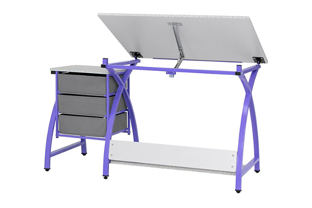 This work center with matching stool provides a comfortable workspace and keeps your craft and art supplies easily accessible. The tabletop's angle adjusts up to forty degrees and includes a twenty-four inch pencil ledge that slides up and locks into place when needed. The set also features three adjacent storage drawers, a wide shelf under the tabletop and a padded stool. Plus, the durable heavy gauge steel construction includes six floor levelers for stability.Made of metal, engineered wood and PVC | Purple and gray | Desktop with adjustable height | Pencil ledge | 3 storage drawers | Stool with padded seat | Open bottom shelf | 6 floor levelers  | Imported | Assembly required