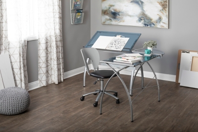Studio Designs Futura Modern L-Shaped Desk with Adjustable Desk Top, Silver/Blue, large