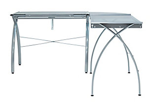 Studio Designs' Futura LS Work Center with Tilt includes a "three-in-one" desk space that complements any work setting. The sleek design of the two table and corner connector create a seamless desk top without taking up too much space. One of the tempered blue safety glass table tops can adjust in angle up to 45 degrees. Arrange the placement of tables to your liking during assembly. The Work Center can be used as a drafting or light table. Also featured is a 24'' pencil ledge that slides up and locks into place when needed as well as rear crossbars and floor levelers for stability. Made of durable powder-coated steel. Main work surface: 35.25''L x 20''D per table and 20'' x 20'' corner connector. Overall dimensions: 59''W x 59''D x 30''HOverall Dimensions: 59"W x 59"D x 30"H | Main Worksurface 35.25"W x 20"D x 2pcs | Top Angle Adjustment from Flat to 45 Degrees | Can be used as a Drafting Table and Light Table | 24" Slide Up Pencil Ledge | Corner Connector: 20" x 20" | Tilt Angle Top can be attached to the Left or Right Side | Powder Coated Steel for Durability | Rear Crossbar for Stability | Tempered Blue Safety Glass Top