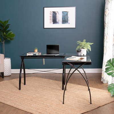 Studio Designs Futura Modern L-Shaped Desk with Adjustable Desk Top, Black/Clear, large