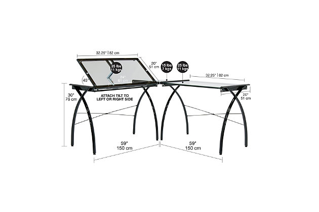 Studio Designs' Futura LS Work Center with Tilt includes a "three-in-one" desk space that complements any work setting. The sleek design of the two table and corner connector create a seamless desk top without taking up too much space. One of the tempered clear safety glass table tops can adjust in angle up to 45 degrees. Arrange the placement of tables to your liking during assembly. The Work Center can be used as a drafting or light table. Also featured is a 24'' pencil ledge that slides up and locks into place when needed as well as rear crossbars and floor levelers for stability. Made of durable powder-coated steel. Main work surface: 35.25''L x 20''D per table and 20'' x 20'' corner connector. Overall dimensions: 59''W x 59''D x 30''HOverall Dimensions: 59"W x 59"D x 30" H | Main Work Surface 35.25"W x 20"D x 2pcs | Top Angle Adjustment from Flat to 45 Degrees | Can be used as a Drafting Table and Light Table | 24" Slide Up Pencil Ledge | Corner Connector: 20" x 20" | Tilt Angle Top can be attached to the Left or Right Side | Powder Coated Steel for Durability | Rear Crossbar for Stability | Tempered Clear Safety Glass Top