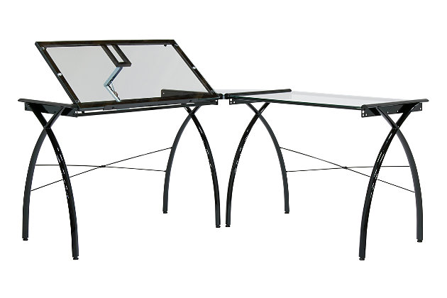 Studio Designs' Futura LS Work Center with Tilt includes a "three-in-one" desk space that complements any work setting. The sleek design of the two table and corner connector create a seamless desk top without taking up too much space. One of the tempered clear safety glass table tops can adjust in angle up to 45 degrees. Arrange the placement of tables to your liking during assembly. The Work Center can be used as a drafting or light table. Also featured is a 24'' pencil ledge that slides up and locks into place when needed as well as rear crossbars and floor levelers for stability. Made of durable powder-coated steel. Main work surface: 35.25''L x 20''D per table and 20'' x 20'' corner connector. Overall dimensions: 59''W x 59''D x 30''HOverall Dimensions: 59"W x 59"D x 30" H | Main Work Surface 35.25"W x 20"D x 2pcs | Top Angle Adjustment from Flat to 45 Degrees | Can be used as a Drafting Table and Light Table | 24" Slide Up Pencil Ledge | Corner Connector: 20" x 20" | Tilt Angle Top can be attached to the Left or Right Side | Powder Coated Steel for Durability | Rear Crossbar for Stability | Tempered Clear Safety Glass Top