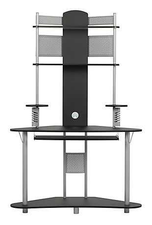 Calico Designs Arch Corner Computer Tower with Hutch, Silver/Black, large