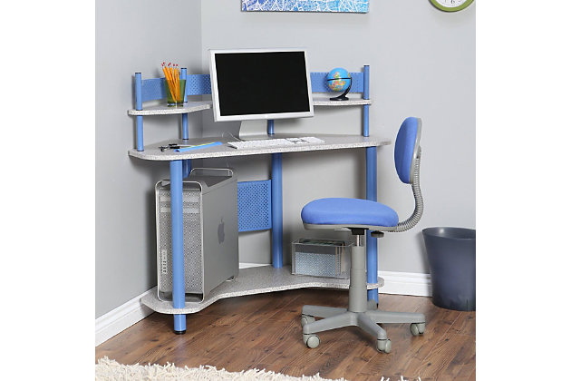 For color, storage and space, look no further than this desk. This metal desk can add a pop of color to your office. The angular shape fits in corners well and saves space for other furniture and belongings. Make sure to utilize the upper and lower shelves on this modern desk for your documents or a picture frame.Made of metal, plastic and engineered wood | Desktop with gray laminate finish | Frame with blue powdercoat finish | Open top shelf | Open bottom shelf | 4 floor levelers |  space solution | Imported | Assembly required