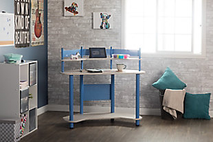 For color, storage and space, look no further than this desk. This metal desk can add a pop of color to your office. The angular shape fits in corners well and saves space for other furniture and belongings. Make sure to utilize the upper and lower shelves on this modern desk for your documents or a picture frame.Made of metal, plastic and engineered wood | Desktop with gray laminate finish | Frame with blue powdercoat finish | Open top shelf | Open bottom shelf | 4 floor levelers | Small space solution | Imported | Assembly required