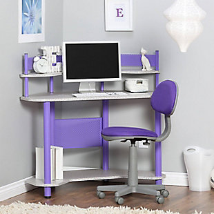 For color, storage and space, look no further than this desk. This metal desk can add a pop of color to your office. The angular shape fits in corners well and saves space for other furniture and belongings. Make sure to utilize the upper and lower shelves on this modern desk for your documents or a picture frame.Made of metal, plastic and engineered wood | Desktop with gray laminate finish | Frame with purple powdercoat finish | Open top shelf | Open bottom shelf | 4 floor levelers | Small space solution | Imported | Assembly required