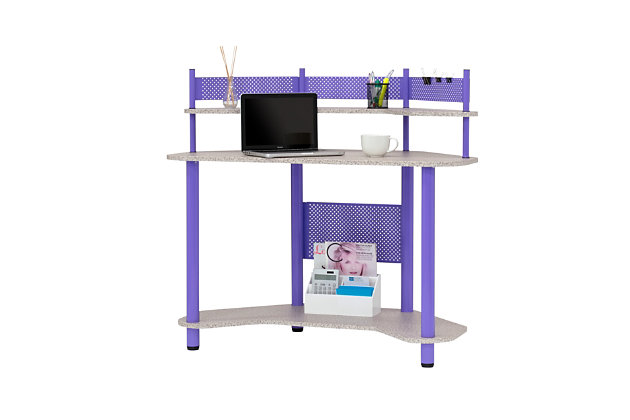 For color, storage and space, look no further than this desk. This metal desk can add a pop of color to your office. The angular shape fits in corners well and saves space for other furniture and belongings. Make sure to utilize the upper and lower shelves on this modern desk for your documents or a picture frame.Made of metal, plastic and engineered wood | Desktop with gray laminate finish | Frame with purple powdercoat finish | Open top shelf | Open bottom shelf | 4 floor levelers | Small space solution | Imported | Assembly required