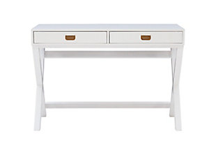 Make work fun with this campaign style Paige Writing Desk.  Finished in White with Rose Gold hardware, this desk will add color and life to any space.  Along with its timeless color the X-framed legs help keep the space sturdy.  Two drawers provide ample space for supplies.White finish | Two spacious storage drawers | Rose gold hardware | Some assembly required | Wipe clean with a damp cloth
