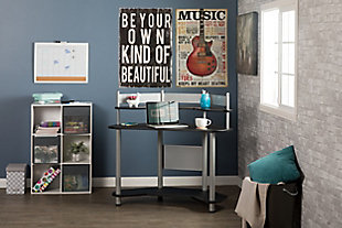 For color, storage and space, look no further than this desk. This metal desk can add a pop of color to your office. The angular shape fits in corners well and saves space for other furniture and belongings. Make sure to utilize the upper and lower shelves on this modern desk for your documents or a picture frame.Made of metal, plastic and engineered wood | Desktop with black laminate finish | Frame with silvertone powdercoat finish | Open top shelf | Open bottom shelf | 4 floor levelers | Small space solution | Imported | Assembly required