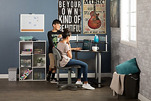 For color, storage and space, look no further than this desk. This metal desk can add a pop of color to your office. The angular shape fits in corners well and saves space for other furniture and belongings. Make sure to utilize the upper and lower shelves on this modern desk for your documents or a picture frame.Made of metal, plastic and engineered wood | Desktop with black laminate finish | Frame with silvertone powdercoat finish | Open top shelf | Open bottom shelf | 4 floor levelers | Small space solution | Imported | Assembly required