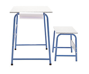 Give your budding artist a place to work on their masterpieces with this project center. With a matching bench, the table is perfect for painting, drawing, coloring and more. With their own craft table, your little one can contain their creative mess to one spot, making clean up easier for you.Includes table and bench | Made of engineered wood and steel | Frame with blue powdercoat finish | White decorative laminate tabletop and bench seat | Rear stability bar | 2 hooks | One paper roll | 4 floor levelers | Imported | Assembly required