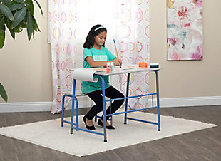 Give your budding artist a place to work on their masterpieces with this project center. With a matching bench, the table is perfect for painting, drawing, coloring and more. With their own craft table, your little one can contain their creative mess to one spot, making clean up easier for you.Includes table and bench | Made of engineered wood and steel | Frame with blue powdercoat finish | White decorative laminate tabletop and bench seat | Rear stability bar | 2 hooks | One paper roll | 4 floor levelers | Imported | Assembly required