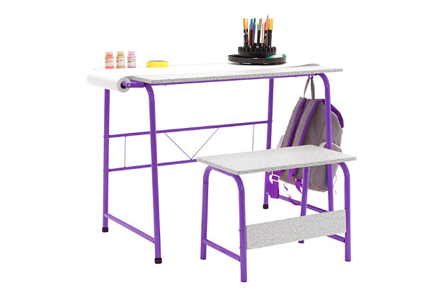 Give your budding artist a place to work on their masterpieces with this project center. With a matching bench, the table is perfect for painting, drawing, coloring and more. With their own craft table, your little one can contain their creative mess to one spot, making clean up easier for you.Includes table and bench | Made of engineered wood and steel | Frame with purple powdercoat finish | White decorative laminate tabletop and bench seat | Rear stability bar | 2 hooks | One paper roll | 4 floor levelers | Imported | Assembly required