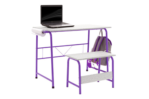 Give your budding artist a place to work on their masterpieces with this project center. With a matching bench, the table is perfect for painting, drawing, coloring and more. With their own craft table, your little one can contain their creative mess to one spot, making clean up easier for you.Includes table and bench | Made of engineered wood and steel | Frame with purple powdercoat finish | White decorative laminate tabletop and bench seat | Rear stability bar | 2 hooks | One paper roll | 4 floor levelers | Imported | Assembly required