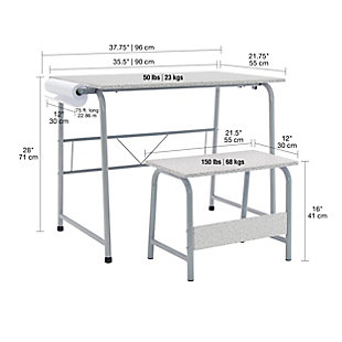 Give your budding artist a place to work on their masterpieces with this project center. With a matching bench, the table is perfect for painting, drawing, coloring and more. With their own craft table, your little one can contain their creative mess to one spot, making clean up easier for you.Includes table and bench | Made of engineered wood and steel | Frame with gray powdercoat finish | White decorative laminate tabletop and bench seat | Rear stability bar | 2 hooks | One paper roll | 4 floor levelers | Imported | Assembly required
