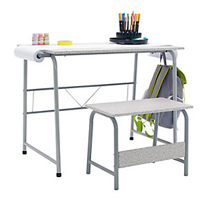 Give your budding artist a place to work on their masterpieces with this project center. With a matching bench, the table is perfect for painting, drawing, coloring and more. With their own craft table, your little one can contain their creative mess to one spot, making clean up easier for you.Includes table and bench | Made of engineered wood and steel | Frame with gray powdercoat finish | White decorative laminate tabletop and bench seat | Rear stability bar | 2 hooks | One paper roll | 4 floor levelers | Imported | Assembly required