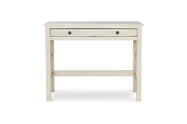 With it's whimsical charm and convenience, this writing desk is sure to be a wonderful addition to your home office. The off white finish brings simplicity, while the intricate design on the sides provides an elegant feel. This spacious desk offers an extended work surface and one full length drawer that can be utilized for storage.Full length easy-glide drawer | Round Drawer Pulls | Off White Finish | Some assembly required | Wipe clean with a damp cloth