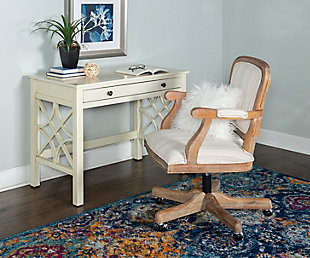 With it's whimsical charm and convenience, this writing desk is sure to be a wonderful addition to your home office. The off white finish brings simplicity, while the intricate design on the sides provides an elegant feel. This spacious desk offers an extended work surface and one full length drawer that can be utilized for storage.Full length easy-glide drawer | Round Drawer Pulls | Off White Finish | Some assembly required | Wipe clean with a damp cloth