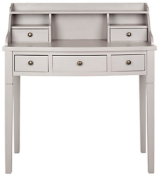 Get organized with help from the Landon 5-drawer writing desk. In vintage casual style, this attractive desk fast-forwards the old-fashioned roll top desk into the 21st century with a chic gray finish. Use it in a home office, bedroom, den, or perhaps in the kitchen as the kids' workstation. Its drawers and storage cubbies provide space for keeping all of your essentials within reach.Made of wood and engineered wood | Quartz gray finish | Zinc-tone hardware | 5 drawers, 2 storage cubbies, top shelf | Assembly required