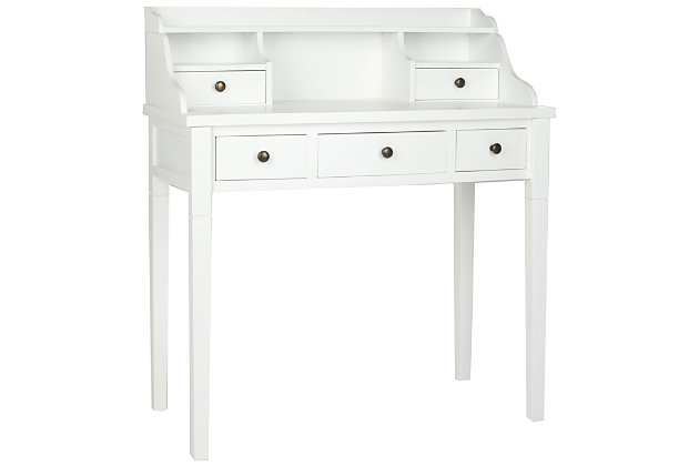 Get organized with help from the Landon 5-drawer writing desk. In vintage casual style, this attractive desk fast-forwards the old-fashioned roll top desk into the 21st century with a chic white finish. Use it in a home office, bedroom, den, or perhaps in the kitchen as the kids' workstation. Its drawers and storage cubbies provide space for keeping all of your essentials within reach.Made of wood and engineered wood | White finish | Zinc-tone hardware | 5 drawers, 2 storage cubbies, top shelf | Assembly required