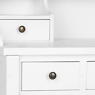 Get organized with help from the Landon 5-drawer writing desk. In vintage casual style, this attractive desk fast-forwards the old-fashioned roll top desk into the 21st century with a chic white finish. Use it in a home office, bedroom, den, or perhaps in the kitchen as the kids' workstation. Its drawers and storage cubbies provide space for keeping all of your essentials within reach.Made of wood and engineered wood | White finish | Zinc-tone hardware | 5 drawers, 2 storage cubbies, top shelf | Assembly required