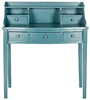 Get organized with help from the Landon 5-drawer writing desk. In vintage casual style, this attractive desk fast-forwards the old-fashioned roll top desk into the 21st century with a chic blue finish. Use it in a home office, bedroom, den, or perhaps in the kitchen as the kids' workstation. Its drawers and storage cubbies provide space for keeping all of your essentials within reach.Made of wood and engineered wood | Slate teal finish | Zinc-tone hardware | 5 drawers, 2 storage cubbies, top shelf | Assembly required