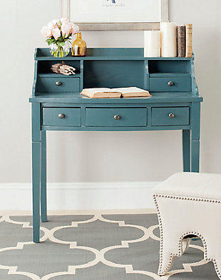 Get organized with help from the Landon 5-drawer writing desk. In vintage casual style, this attractive desk fast-forwards the old-fashioned roll top desk into the 21st century with a chic blue finish. Use it in a home office, bedroom, den, or perhaps in the kitchen as the kids' workstation. Its drawers and storage cubbies provide space for keeping all of your essentials within reach.Made of wood and engineered wood | Slate teal finish | Zinc-tone hardware | 5 drawers, 2 storage cubbies, top shelf | Assembly required
